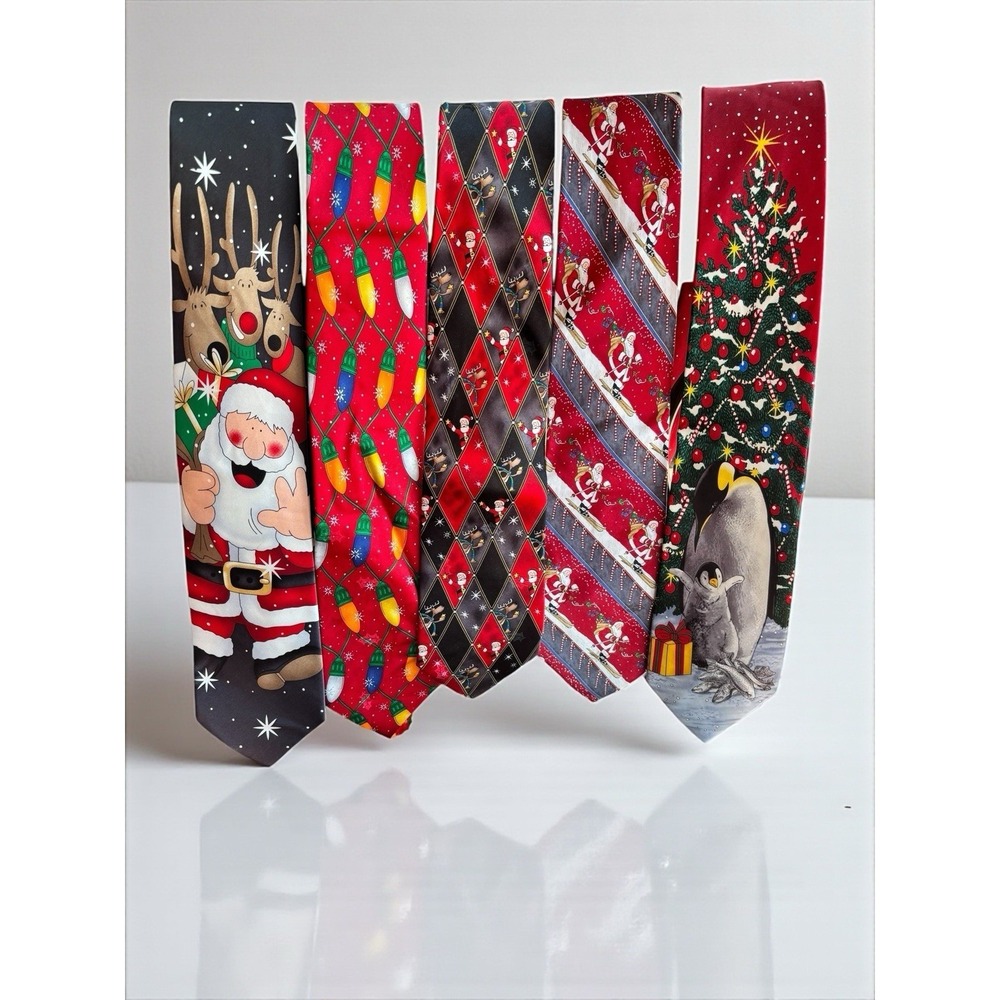Lot‎ of 5 Christmas Novelty Ties Noel Santa Claus Holiday Necktie Bundle Festive